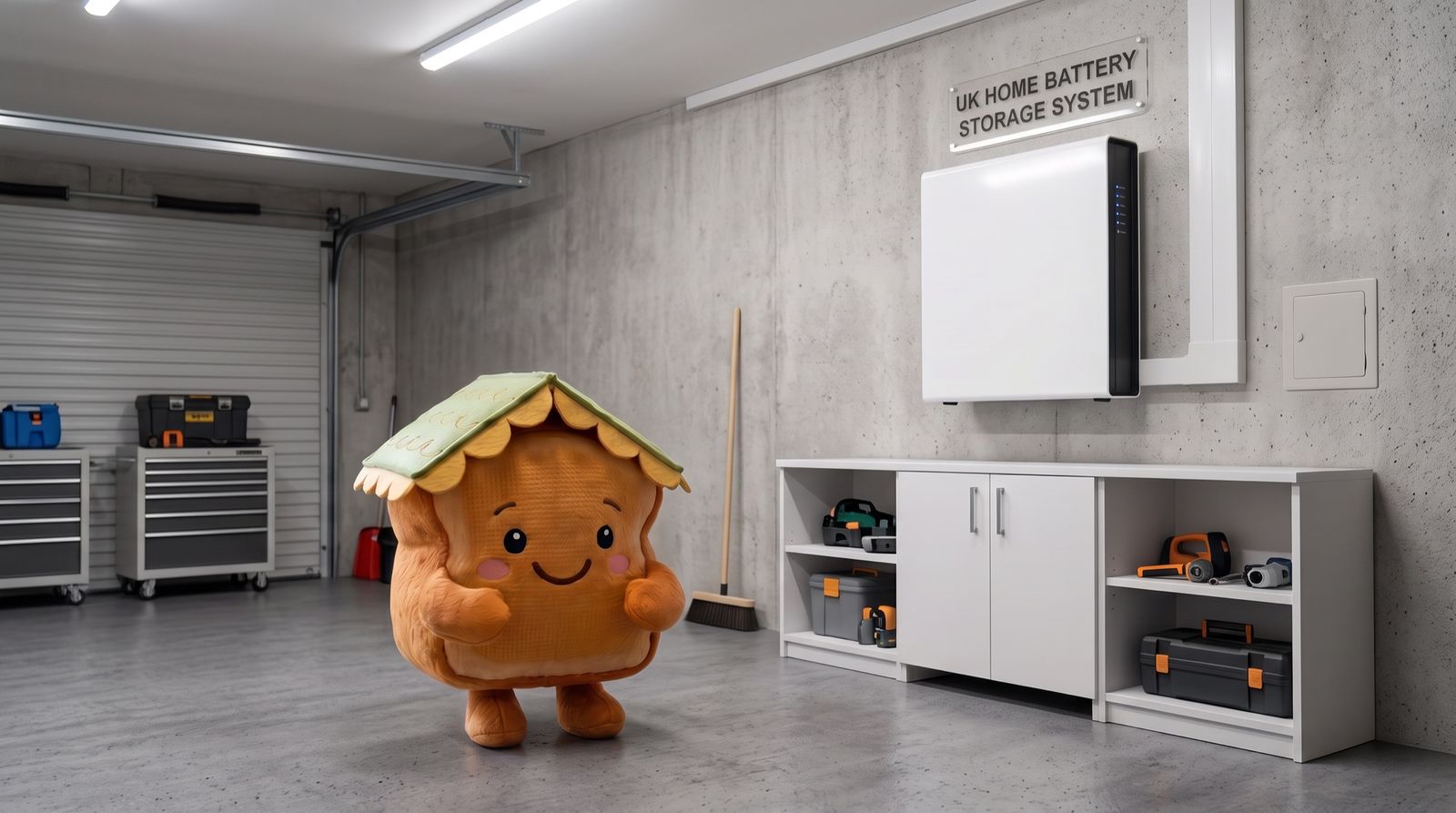 The Toastie mascot with a home battery in a garage