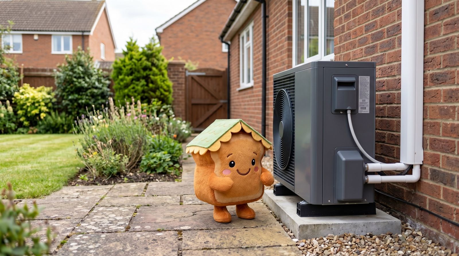 The Toastie mascot beside a heat pump at a UK home