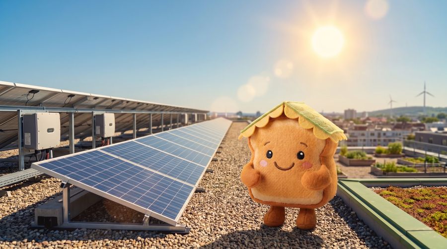 The Toastie mascot on a sunny roof beside solar panels
