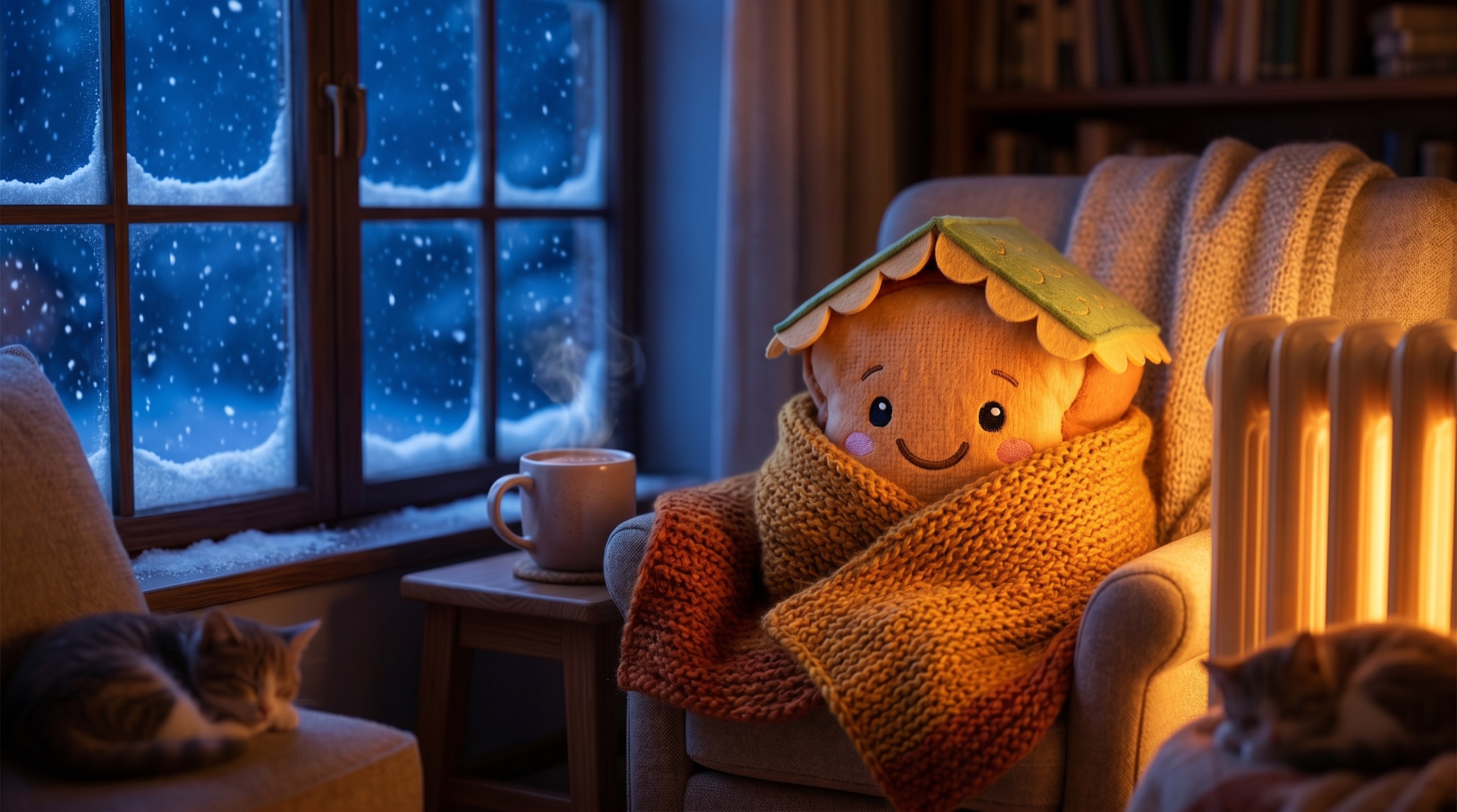 The Toastie mascot wrapped in a blanket by a warm radiator on a snowy night